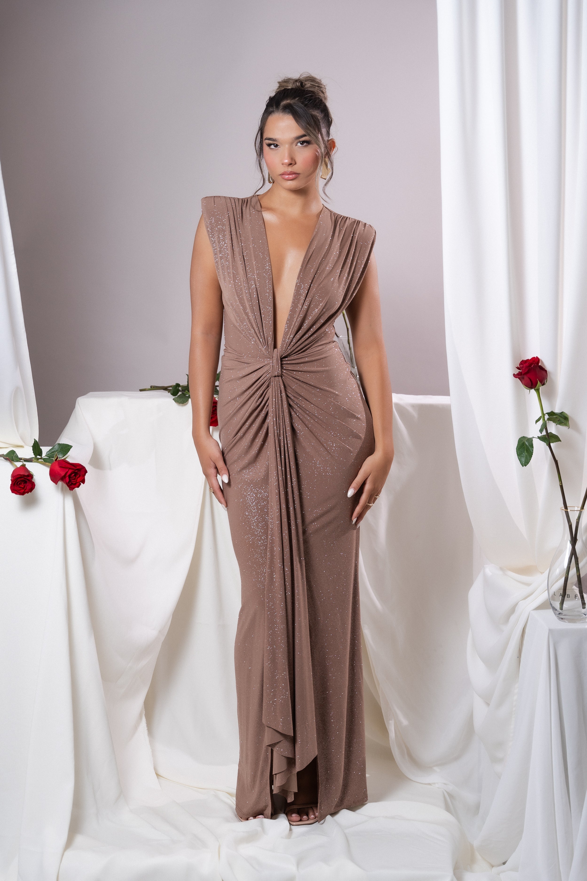 Elina Mocha Glitter  Dress - Celestial Couture 