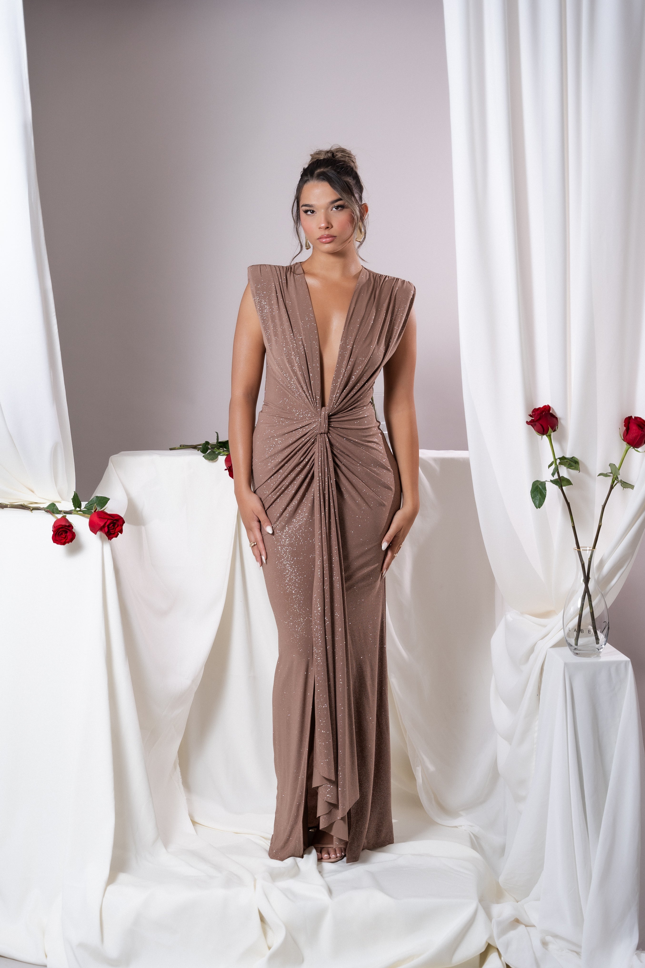 Elina Mocha Glitter  Dress - Celestial Couture 