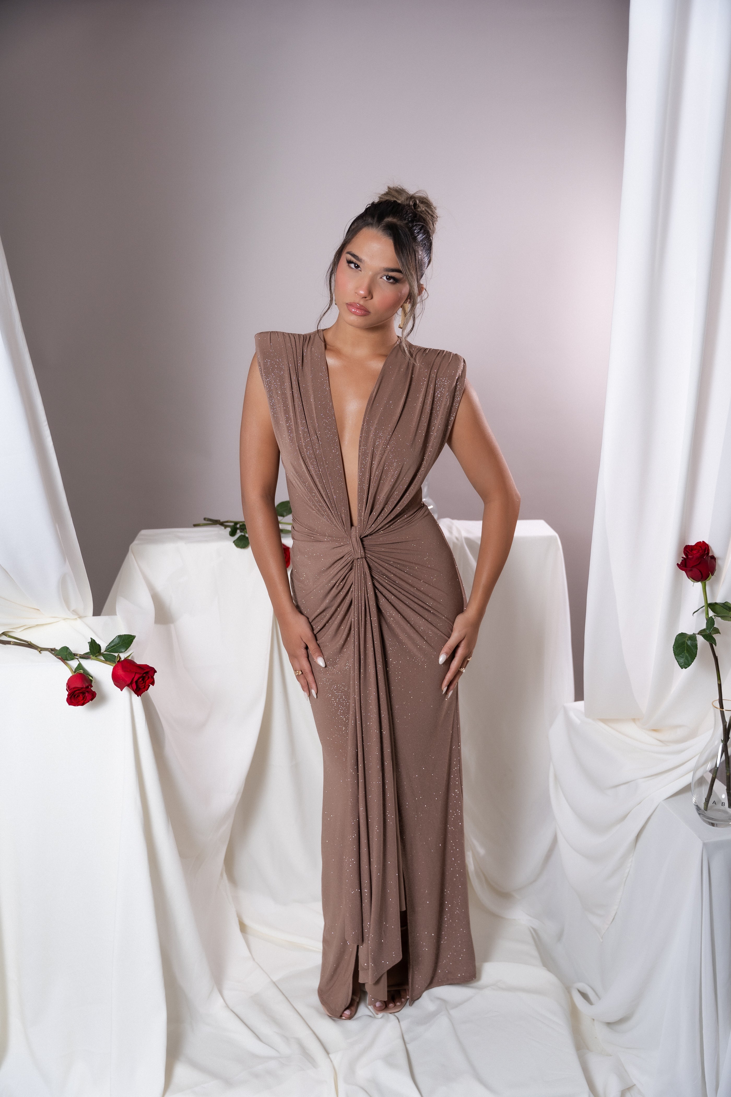 Elina Mocha Glitter  Dress - Celestial Couture 