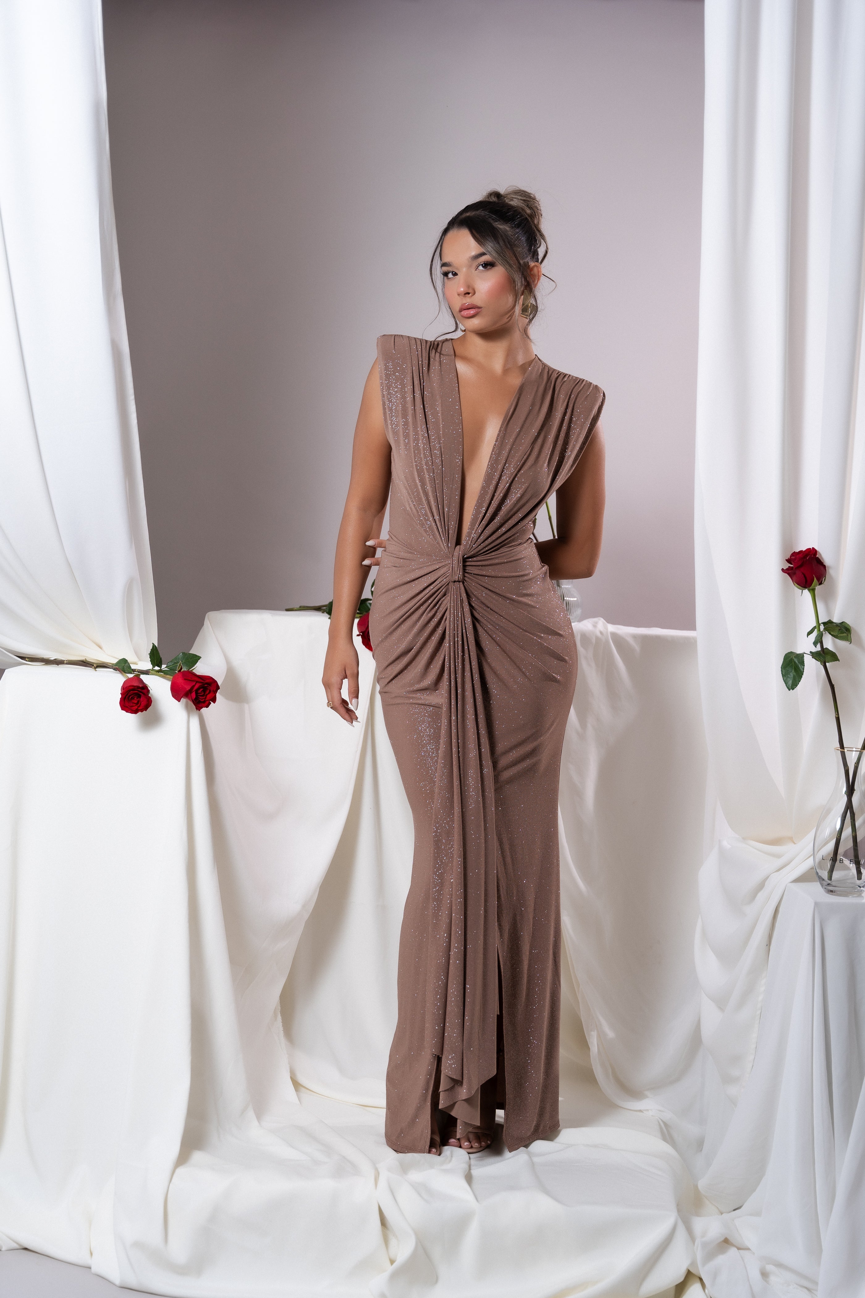 Elina Mocha Glitter  Dress - Celestial Couture 