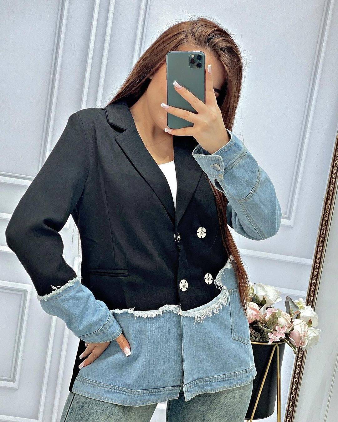 Jenna Asymmetric Denim Patchwork Blazer - Celestial Couture 