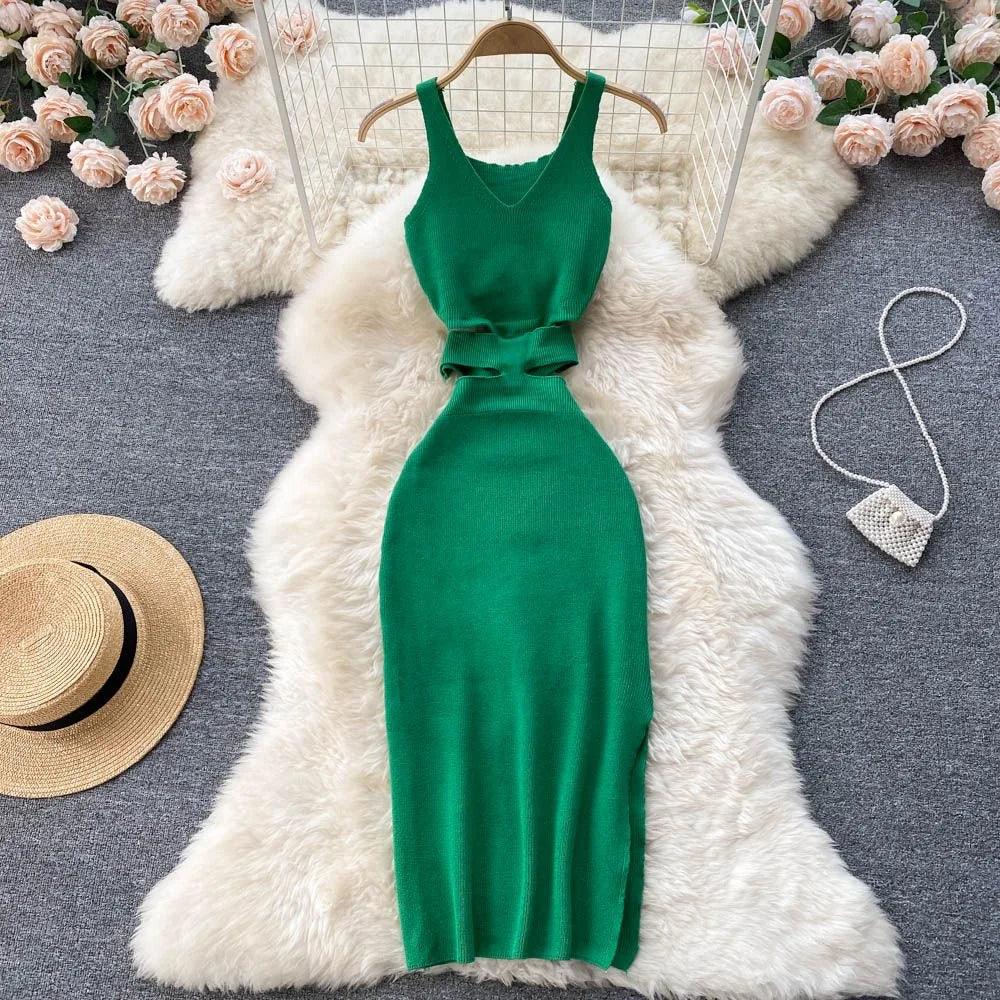 YuooMuoo Women Dress Sexy Cut Out Waist Package Hips Split Bodycon Dress Summer Fashion Lady Knitted Party Vestidos Sundress - Celestial Couture 