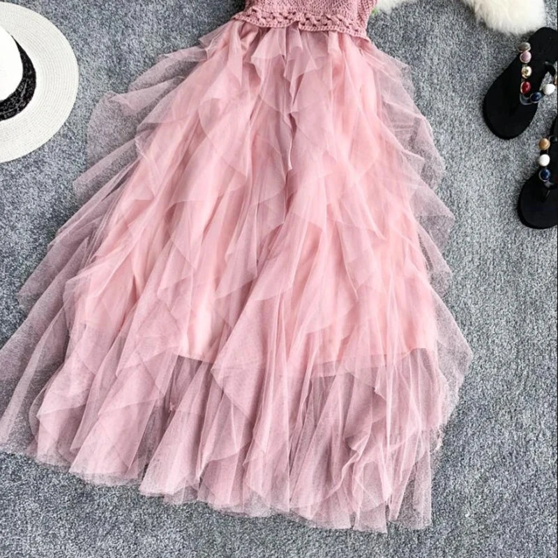 Gorgeous Summer Sleeveless Sling Tulle Dress for Women – Flirty V-Neck Backless Design in Sweet Pink – Perfect for Parties and Special Occasions! - Celestial Couture 