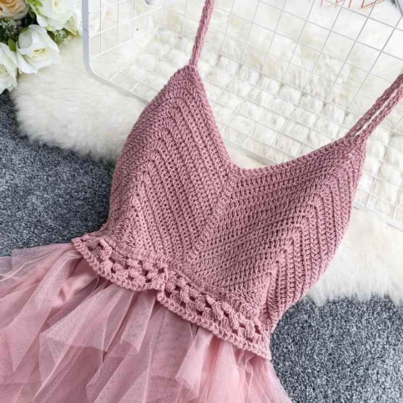 Gorgeous Summer Sleeveless Sling Tulle Dress for Women – Flirty V-Neck Backless Design in Sweet Pink – Perfect for Parties and Special Occasions! - Celestial Couture 