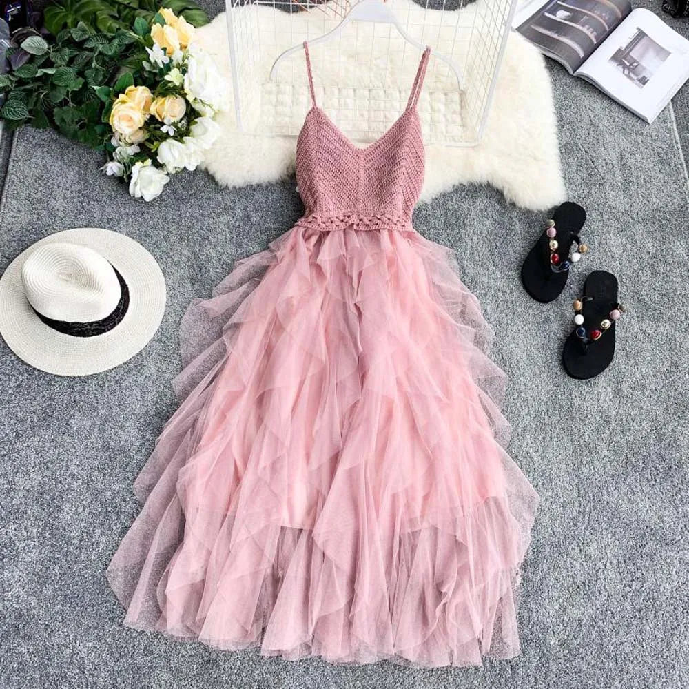 Gorgeous Summer Sleeveless Sling Tulle Dress for Women – Flirty V-Neck Backless Design in Sweet Pink – Perfect for Parties and Special Occasions! - Celestial Couture 