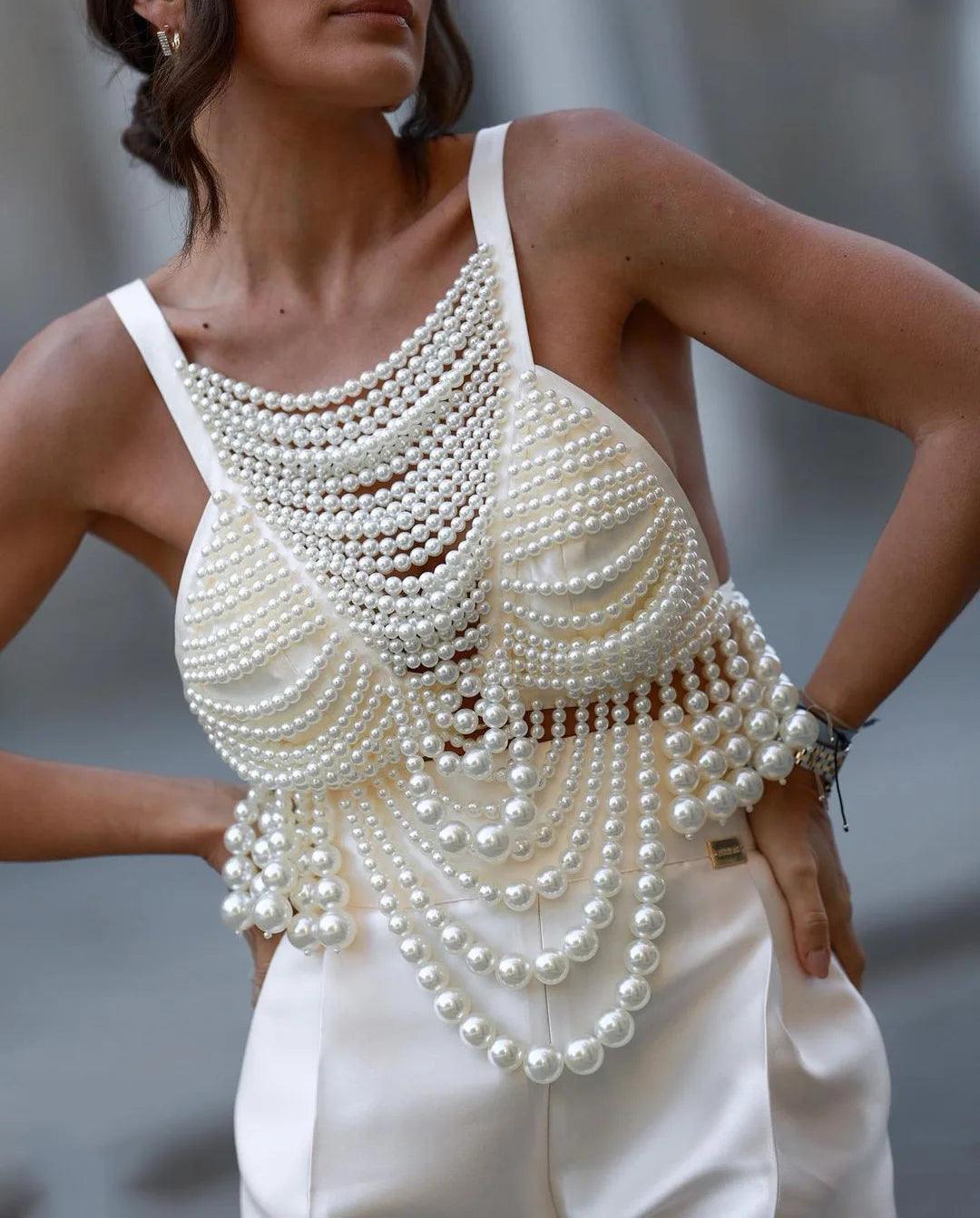 High Quality Women Sleeveless Full Pearl Beading Sexy Tops High Street Fashion Celebrate Nightclub Party Wear - Celestial Couture 