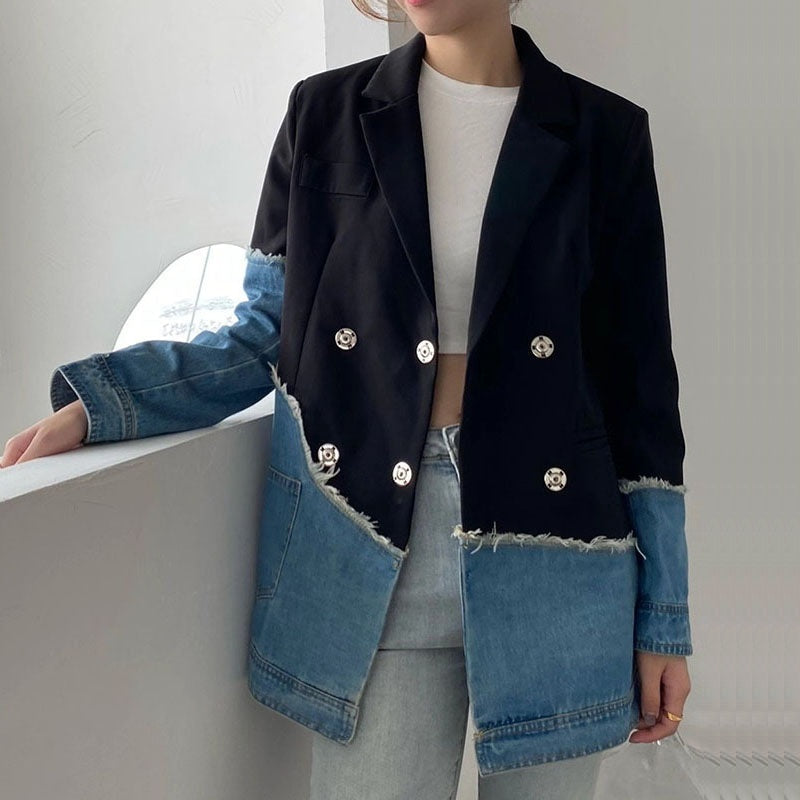 Jenna Asymmetric Denim Patchwork Blazer - Celestial Couture 